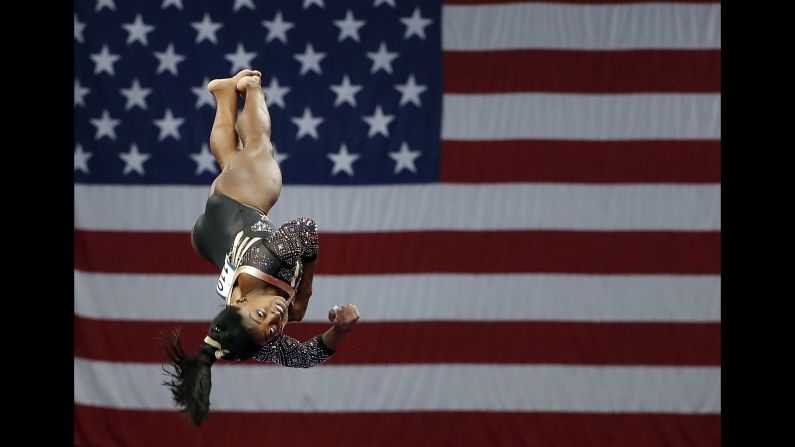 Simone Biles competes in the vault during the US Gymnastics Championships in Boston on Friday, August 17.