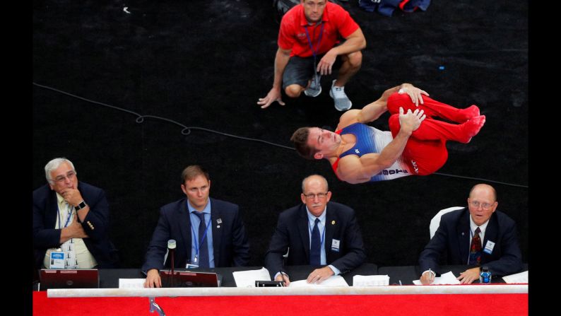 Sam Mikulak competes on the parallel bars at the US Gymnastics Championships on Thursday, August 16, in Boston.