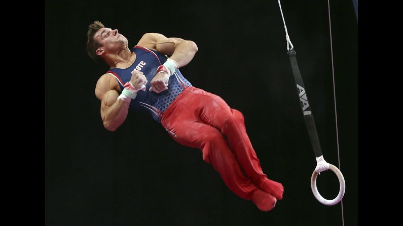 Sam Mikulak competes on the rings at the US Gymnastics Championships on Saturday, August 18, in Boston.