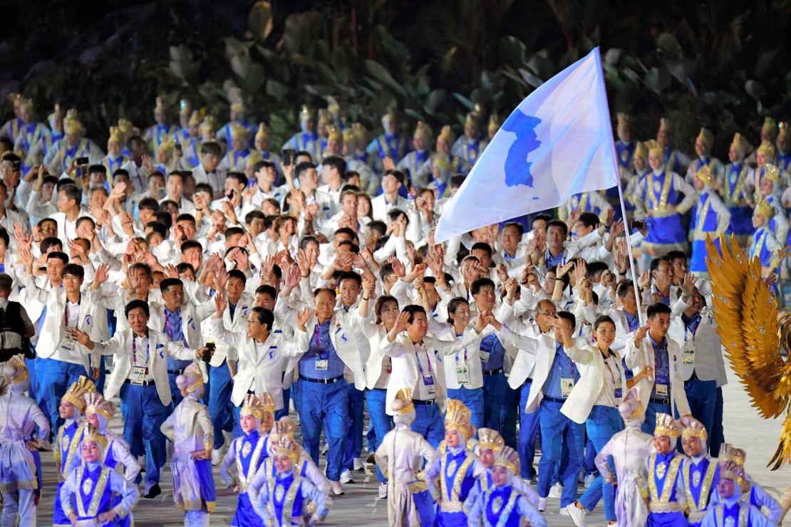 The Unified Korea delegation enters the stadium during the opening ceremony of the Asian Games 2018 at Gelora Bung Karno Stadium on August 18, 2018 in Jakarta, Indonesia.