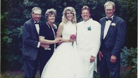 Dick and Lenore Tyler, left, and Randall, far right, at Darla's wedding to Dave McSherry in 1997. 