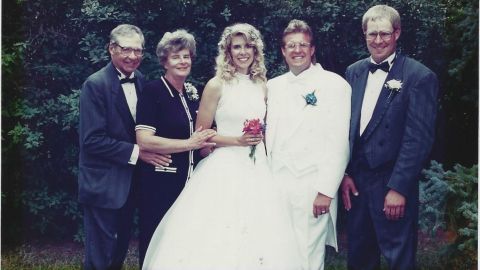 Dick and Lenore Tyler, left, and Randall, far right, at Darla's wedding to Dave McSherry in 1997.