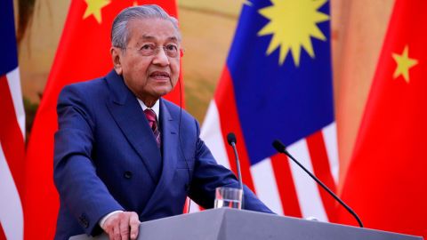 Malaysia's Prime Minister Mahathir Mohamad speaks during a joint press conference with China's Premier Li Keqiang in Beijing on August 20.