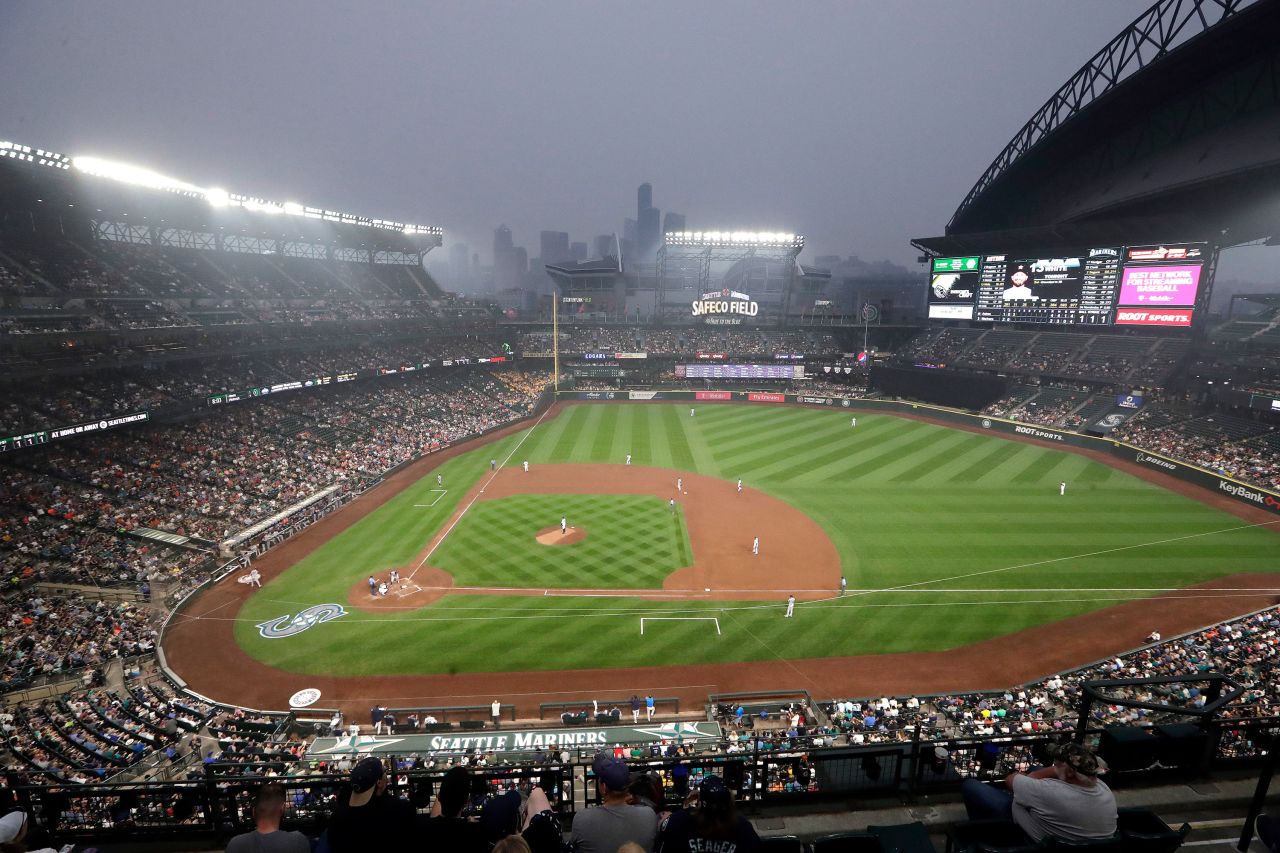 A smoky haze is seen at Safeco Field, the home of Major League Baseball's Seattle Mariners, during a game on Monday, August 20.