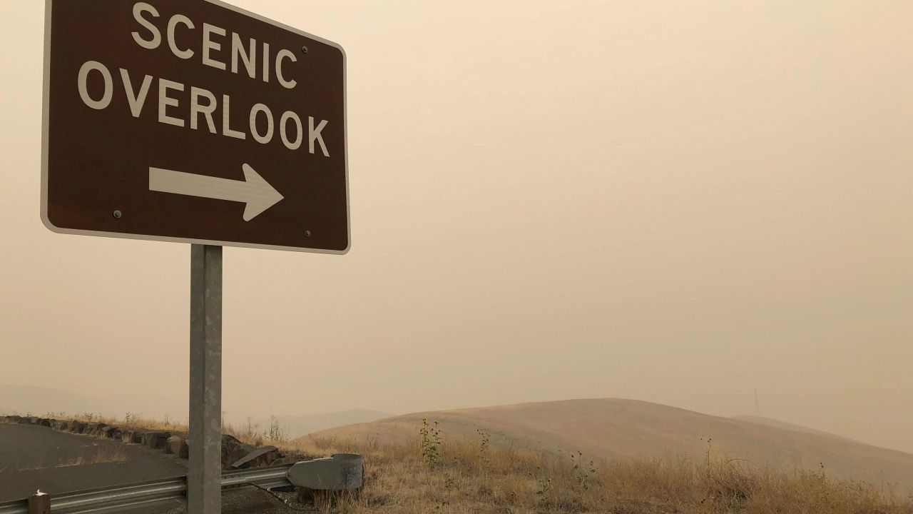 Smoke from wildfires obscures a scenic view near Lewiston, Idaho, on Monday, August 20.