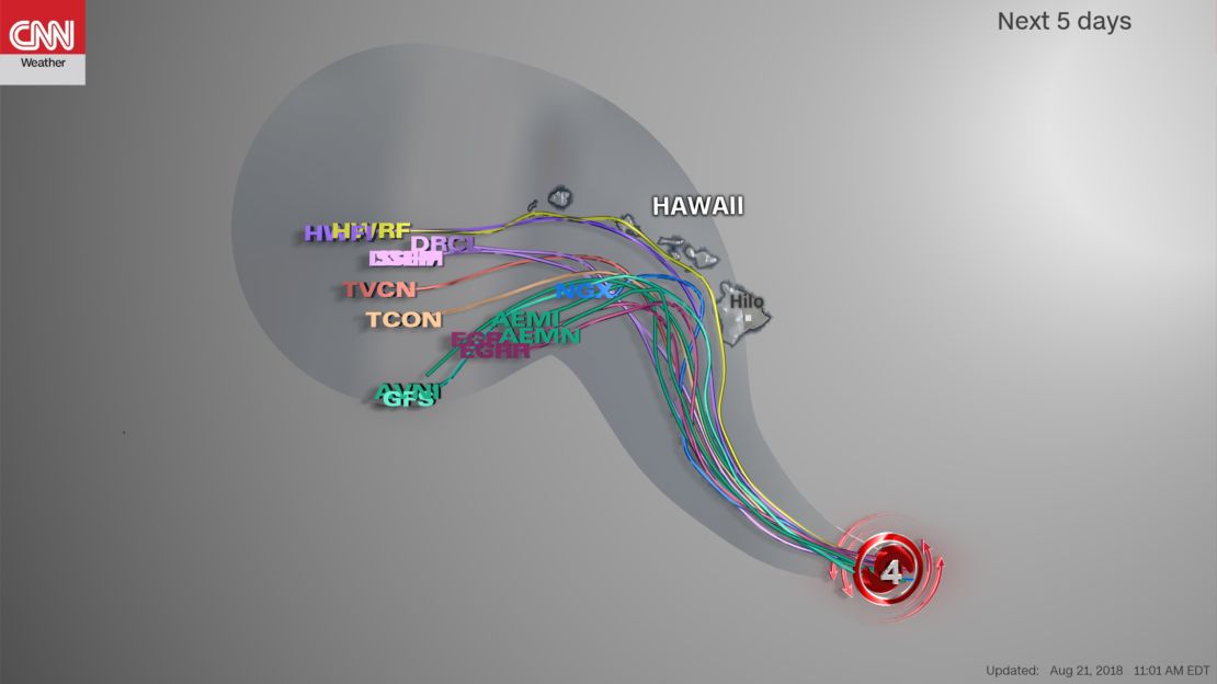 Computer model forecast tracks for Hurricane Lane. The so-called "spaghetti-plots" show a variety of potential tracks for the hurricane, including potential landfalls.