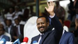 New Ethiopian Prime Minister Abiy Ahmed reacts during his rally in Ambo, about 120km west of Addis Ababa, Ethiopia, on April 11, 2018. / AFP PHOTO / Zacharias Abubeker        (Photo credit should read ZACHARIAS ABUBEKER/AFP/Getty Images)