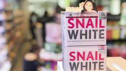 31 May 2018, Thailand, Bangkok: Two packages of skin care product 'Snail White', made of snail slime, are on sale. It is one of many whitening products that are popular on the Asian market. Photo by: Christoph Sator/picture-alliance/dpa/AP Images