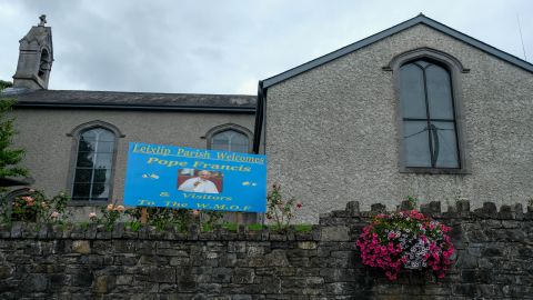 A sign at the Church of Our Lady's Nativity in Leixlip that was put up ahead of Pope Francis' visit this weekend.
