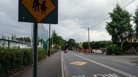 Road signs mark a school zone in Leixlip.
