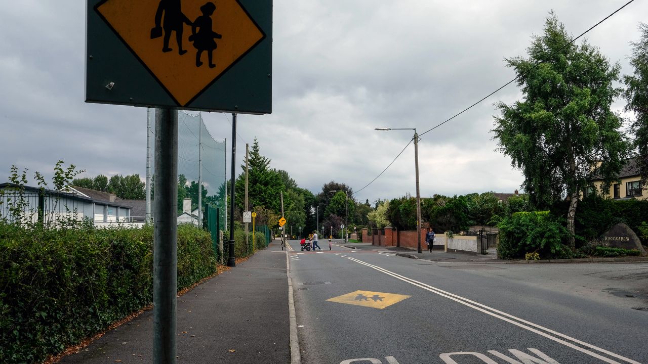Road signs mark a school zone in Leixlip.