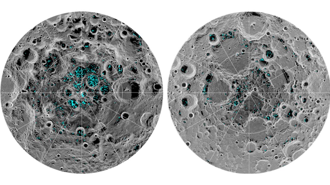 The distribution of surface ice at the moon's south pole (left) and north pole (right). Blue represents the ice locations, plotted over an image of the lunar surface.