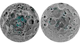 The image shows the distribution of surface ice at the Moon's south pole (left) and north pole (right), detected by NASA's Moon Mineralogy Mapper instrument. Blue represents the ice locations, plotted over an image of the lunar surface, where the gray scale corresponds to surface temperature (darker representing colder areas and lighter shades indicating warmer zones). The ice is concentrated at the darkest and coldest locations, in the shadows of craters. This is the first time scientists have directly observed definitive evidence of water ice on the Moon's surface.