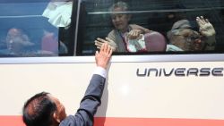 MOUNT KUMGANG, NORTH KOREA - AUGUST 22: (SOUTH KOREA OUT) South Korean Lee Geum-Sum, 92 (in a bus) wave to her North Korean son Lee Sung-Chul, 71, as she finish a three-day family reunion meeting at the Mount Kumgang resort on August 22, 2018 in Mount Kumgang, North Korea. Almost a hundred South Koreans crossed the heavily armed border to meet their separated families for the first time since the 1950-53 Korean War, during a family reunion at North Korea. A total of 88 people from North Korea will also receive a chance to meet their families in the South during the six-day event which starts on August 20 at Mount Kumgang, north of the border between North and South Korea. (Photo O Jong-Chan-Korea - Pool/Getty Images)