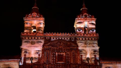 <strong>Quito, Ecuador: </strong>French artist Laurent Langlois' work "Heritage" is projected on to the San Francisco church in the historical center of Quito ahead of the town's Festival of Light, which took place this year from August 8 to 12. 