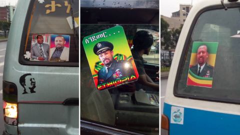 Stickers bearing the face of Ethiopian president Abiy Ahmed adorn taxis around Addis Ababa.