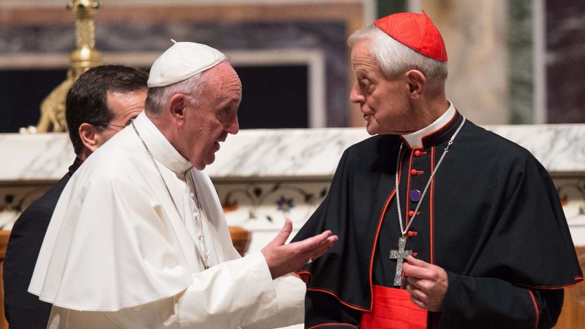 Pope Francis (L) speaks speaks with the Archbishop of Washington Cardinal Donald Wuerl at the end of a midday prayer with US bishops at the Cathedral of St. Matthew the Apostle in Washington, DC, on September 23, 2015 on the second day of his visit to the US.  AFP PHOTO/NICHOLAS KAMM        (Photo credit should read NICHOLAS KAMM/AFP/Getty Images)