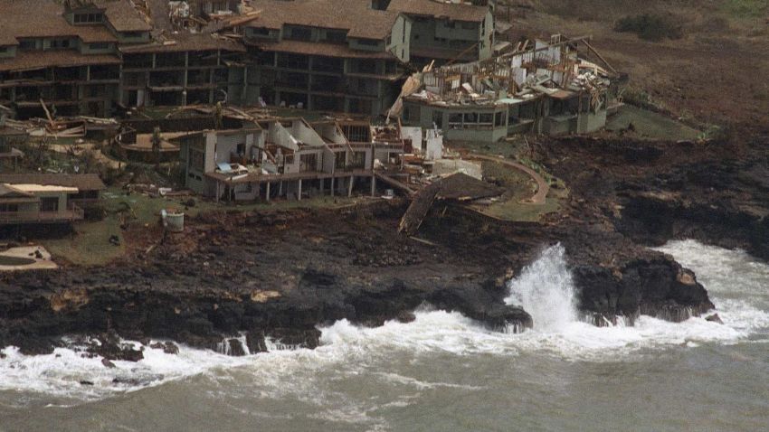 A Poipu Beach resort on the Hawaiian island of Kauai is heavily damaged following high winds and rain from Hurricane Iniki, Sept. 12, 1992. The island remains without electricity and the airports are closed. (AP Photo/Reed Saxon)