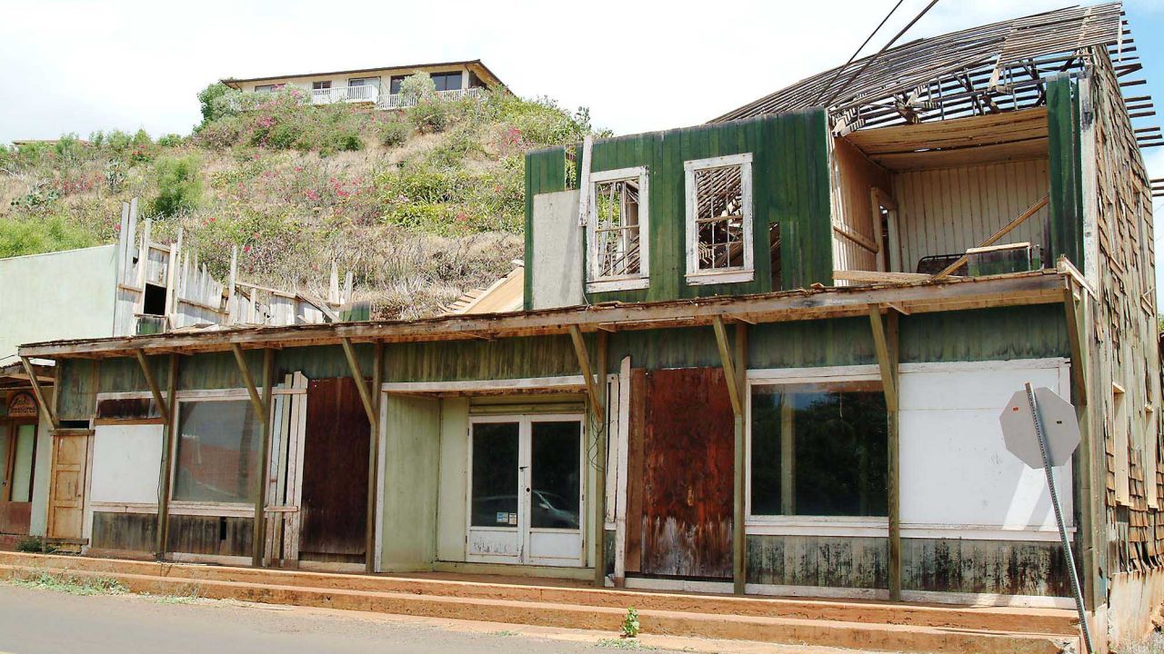 A once-thriving business building in Hanapepe, Kauai stands derelict on Sept. 5, 2002, untouched ten years after its destruction by Hurricane Iniki in 1992.