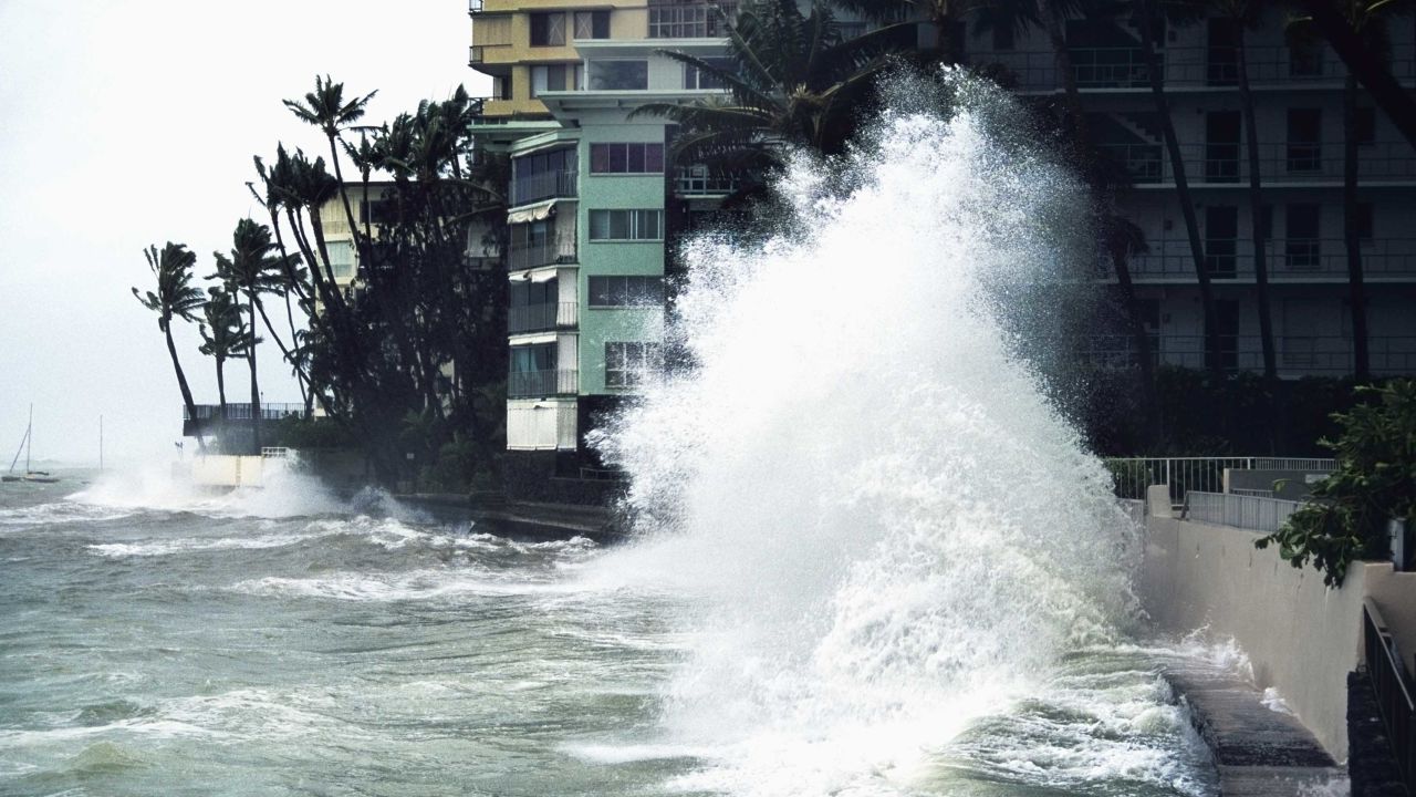 Storm waves from Hurricane Iniki crashed into banks near hotels in Honolulu on the island of Oahu in Hawaii in 1992.