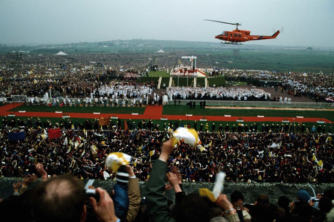 Pope John Paul II arrives by helicopter to a "youth Mass" in Galway during his 1979 visit.