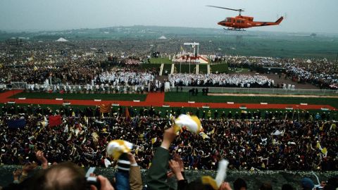 Pope John Paul II arrives by helicopter to a "youth Mass" in Galway during his 1979 visit.