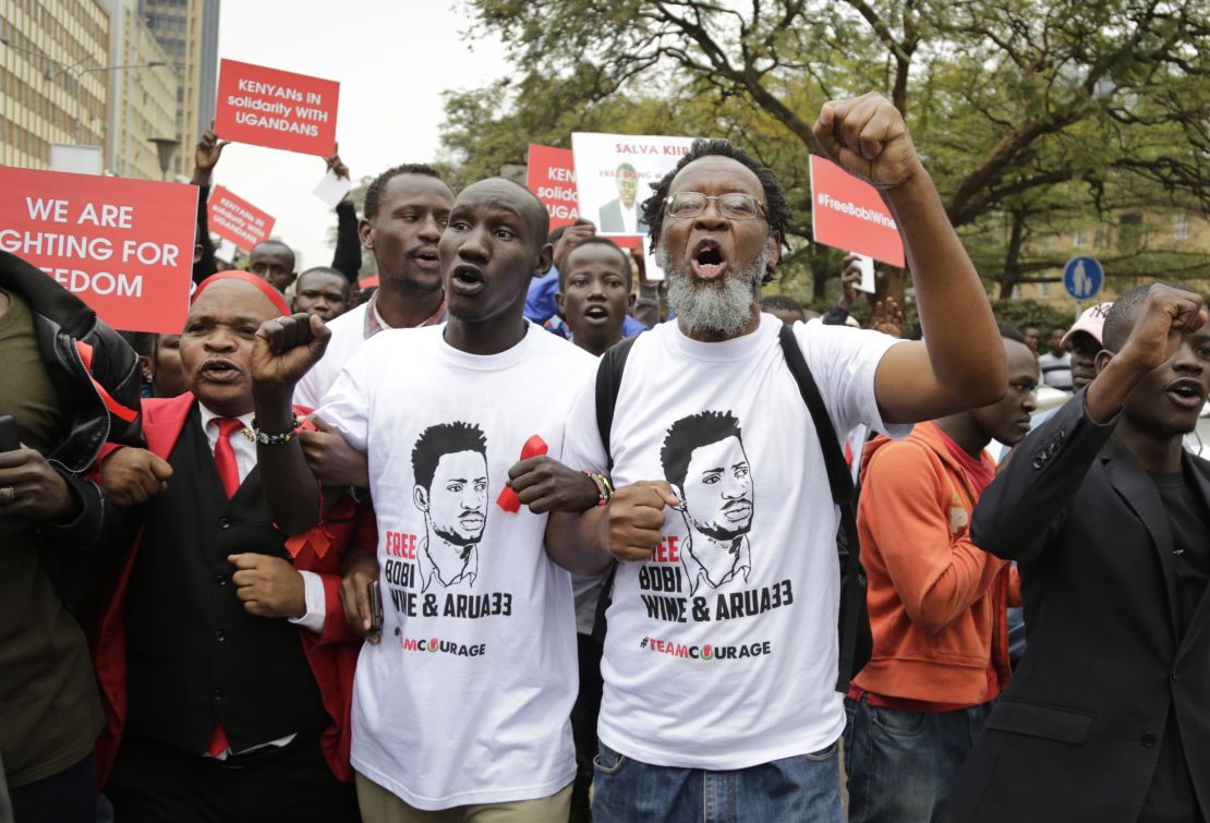 Activists and civil society groups marched to the Ugandan embassy in Nairobi, Kenya, on August 23 to protest against Wine's detention.
