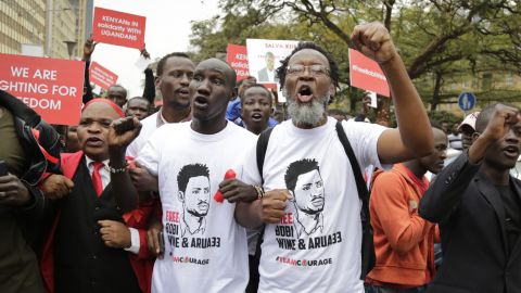 Activists and civil society groups marched to the Ugandan embassy in Nairobi, Kenya, on August 23 to protest against Wine's detention.
