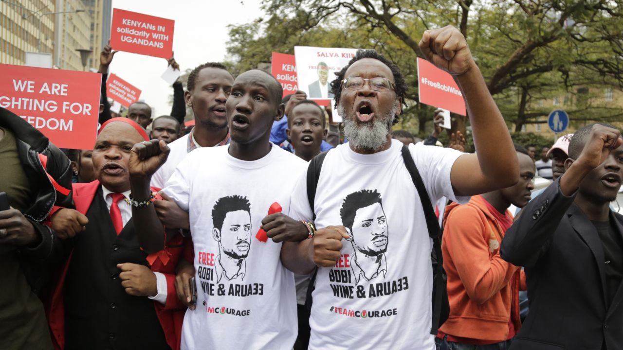 Activists and civil society groups marched to the Ugandan embassy in Nairobi, Kenya, on August 23 to protest against Wine's detention.
