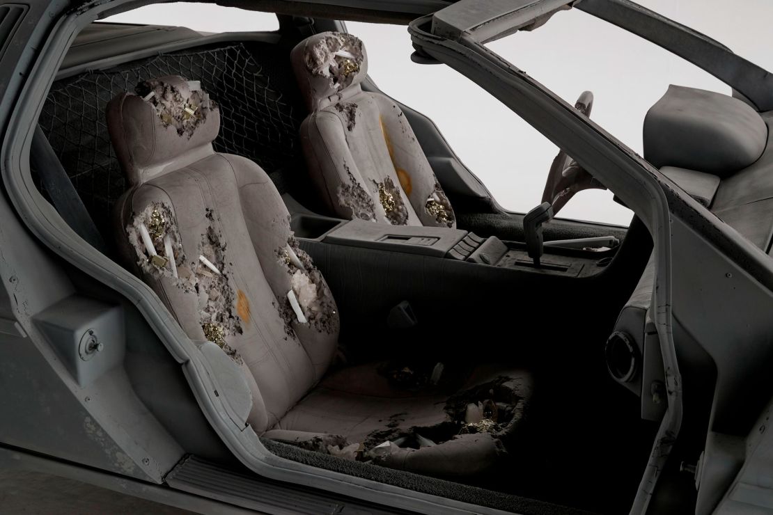 The interior of Daniel Arsham's DeLorean DMC-12