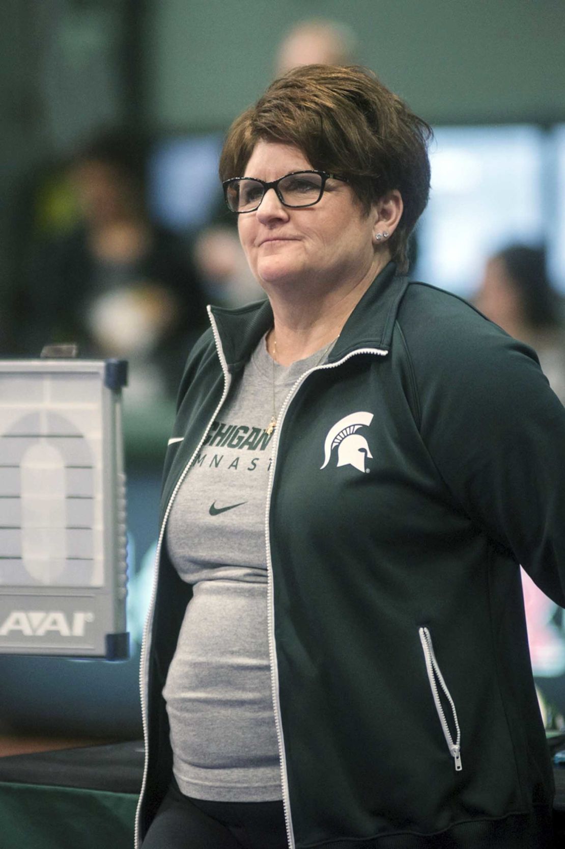 Then-Michigan State University gymnastics coach Kathie Klages watches her team during a 2015 meet.