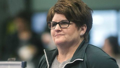 Michigan State University gymnastics head coach Kathie Klages watches the team during a meet in East Lansing, Michigan, on February 13, 2015.