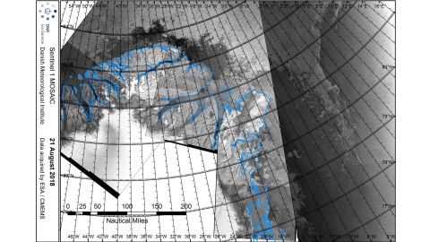 Satellite imagery captured on August 21, 2018, shows the unprecedented retreat of sea ice off the northern coast of Greenland.