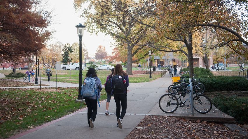 COLUMBIA, MO - NOVEMBER 10: Students walk along on the campus of University of Missouri - Columbia on November 10, 2015 in Columbia, Missouri. The university looks to get things back to normal after the recent protests on campus that lead to the resignation of the school's President and Chancellor on November 9. (Photo by Michael B. Thomas/Getty Images)