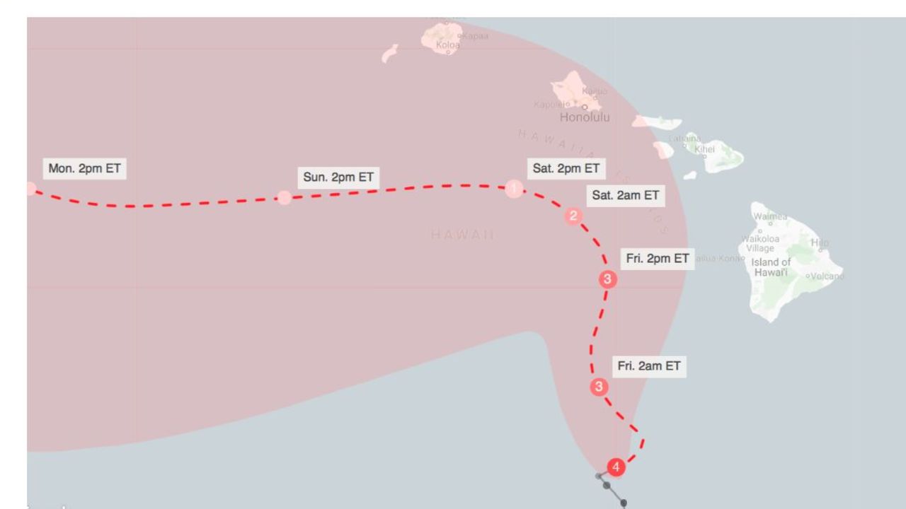 This forecast cone, created 5 p.m. ET Thursday (11 a.m. in Hawaii), shows the probable range of Hurricane Lane's center for five days.