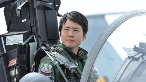 Misa Matsushima in the cockpit of an F-15 fighter jet.