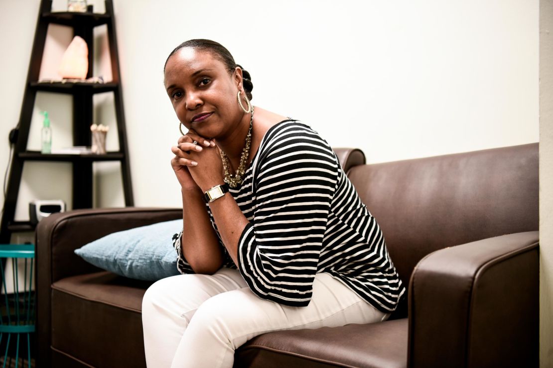 Felicia sits in the Zen room at the suicide call center in Georgia.