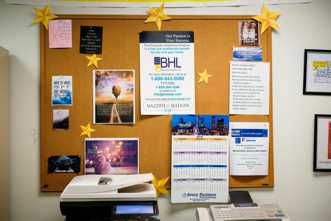 A bulletin board at the Behavioral Health Link suicide call center.