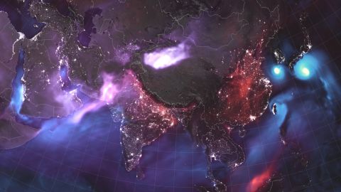 The composite images also feature night light data to show highly populated areas.