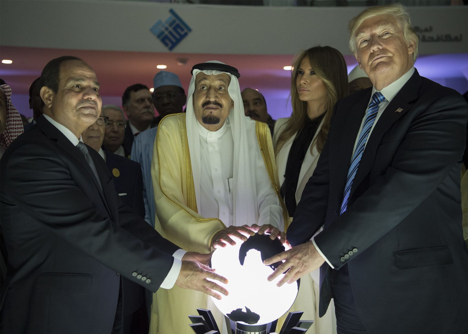 From right, President Trump, first lady Melania Trump, Saudi King Salman bin Abdulaziz Al Saud and Egyptian President Abdel Fattah el-Sisi attend an inauguration ceremony for the Global Center for Combating Extremist Ideology. The facility is in Riyadh, Saudi Arabia. <a href="index.php?page=&url=http%3A%2F%2Fwww.cnn.com%2F2017%2F05%2F20%2Fpolitics%2Fgallery%2Ftrump-first-foreign-trip%2Findex.html" target="_blank">See more photos from Trump's first foreign tour in May 2017</a>