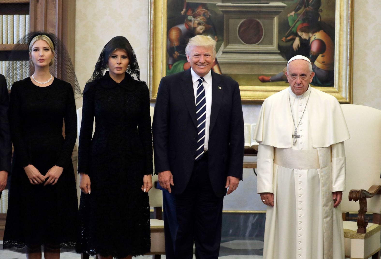 Pope Francis stands with Trump and his family during <a href="index.php?page=&url=http%3A%2F%2Fwww.cnn.com%2F2017%2F05%2F23%2Fpolitics%2Fpope-trump-meeting%2Findex.html" target="_blank">a private audience at the Vatican</a> in May 2017. Joining the president were his wife and his daughter Ivanka.