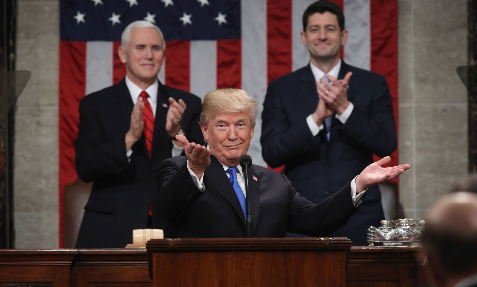 Trump gestures during <a href="index.php?page=&url=https%3A%2F%2Fwww.cnn.com%2Finteractive%2F2018%2F01%2Fpolitics%2Fstate-of-the-union-cnnphotos%2F" target="_blank">his State of the Union address</a> in January 2018. Trump declared that the "state of our union is strong because our people are strong. Together, we are building a safe, strong and proud America."