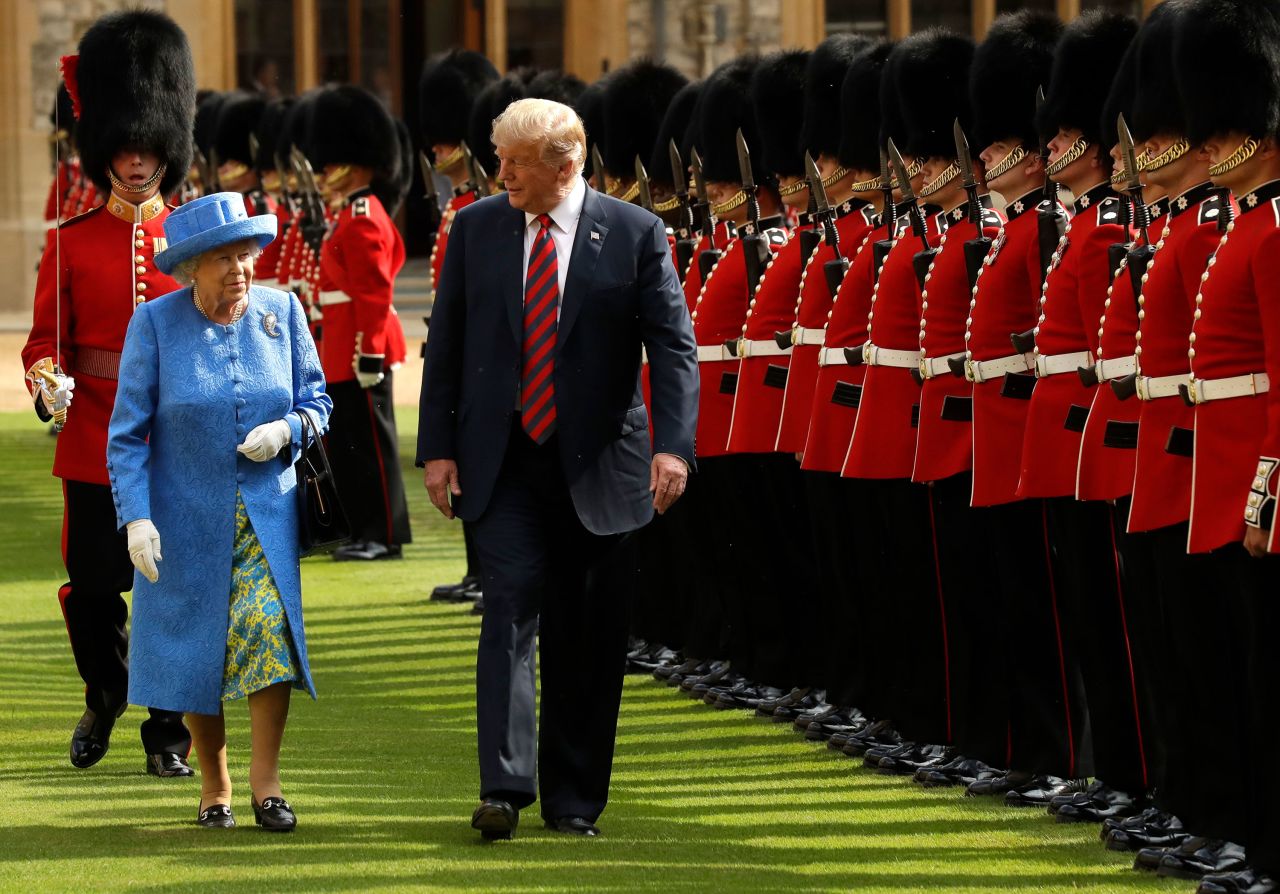 The Queen and US President Donald Trump inspect a guard of honor during <a href="https://www.cnn.com/interactive/2018/07/politics/trump-europe-trip-cnnphotos/" target="_blank">Trump's visit to Windsor Castle</a> in July 2018.