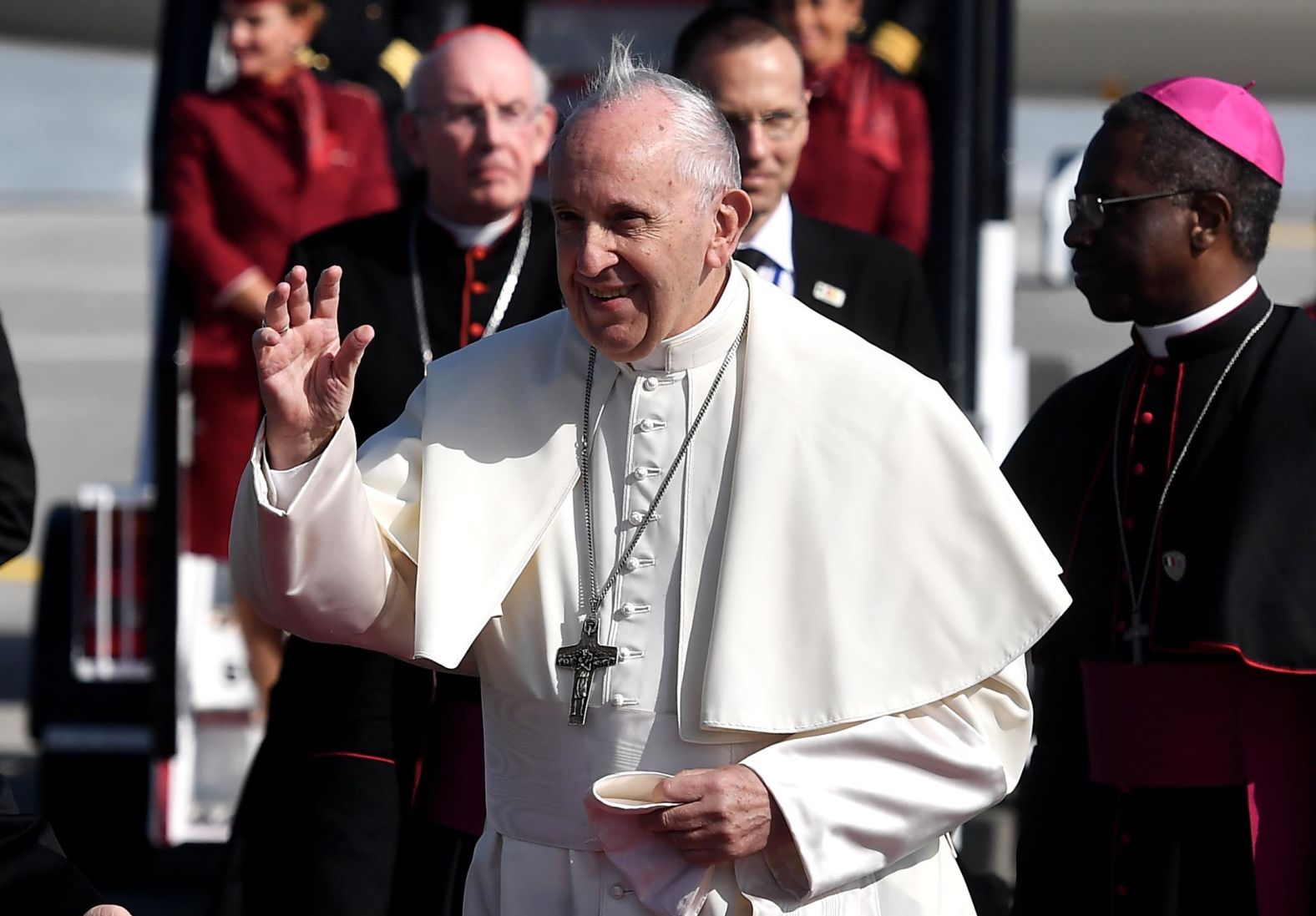 Pope Francis waves to the crowd at Dublin Airport on Saturday.