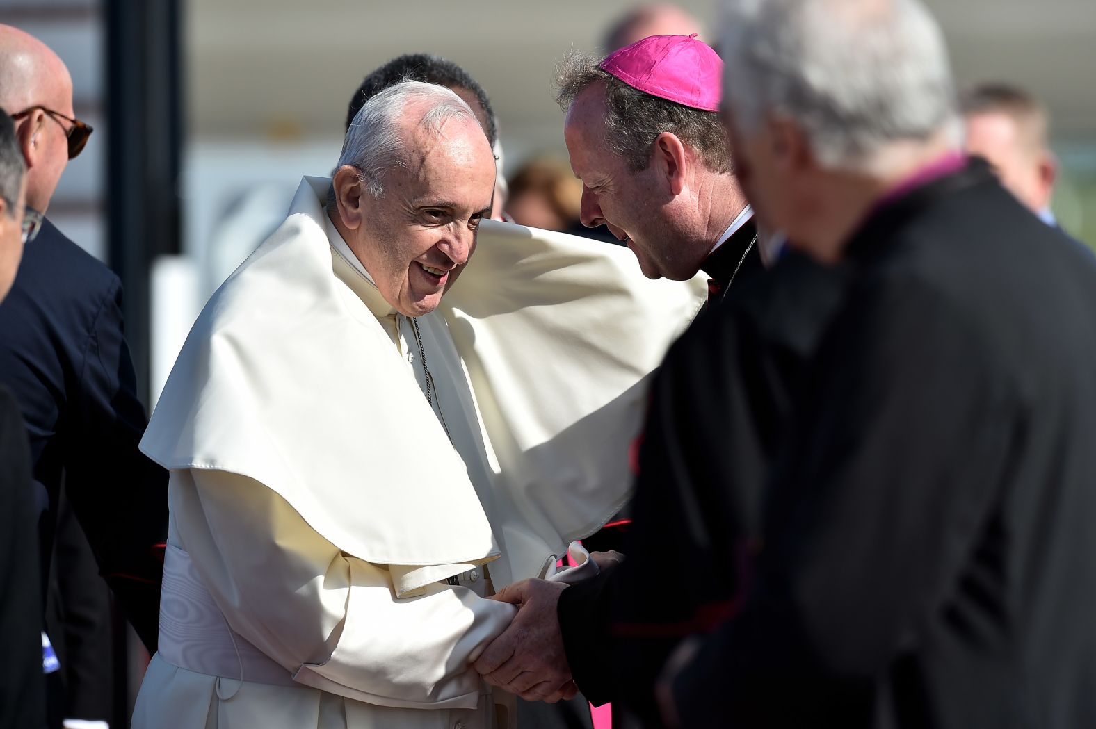 The Pope is greeted by Archbishop Eamon Martin as he arrives at Dublin Airport on Saturday.
