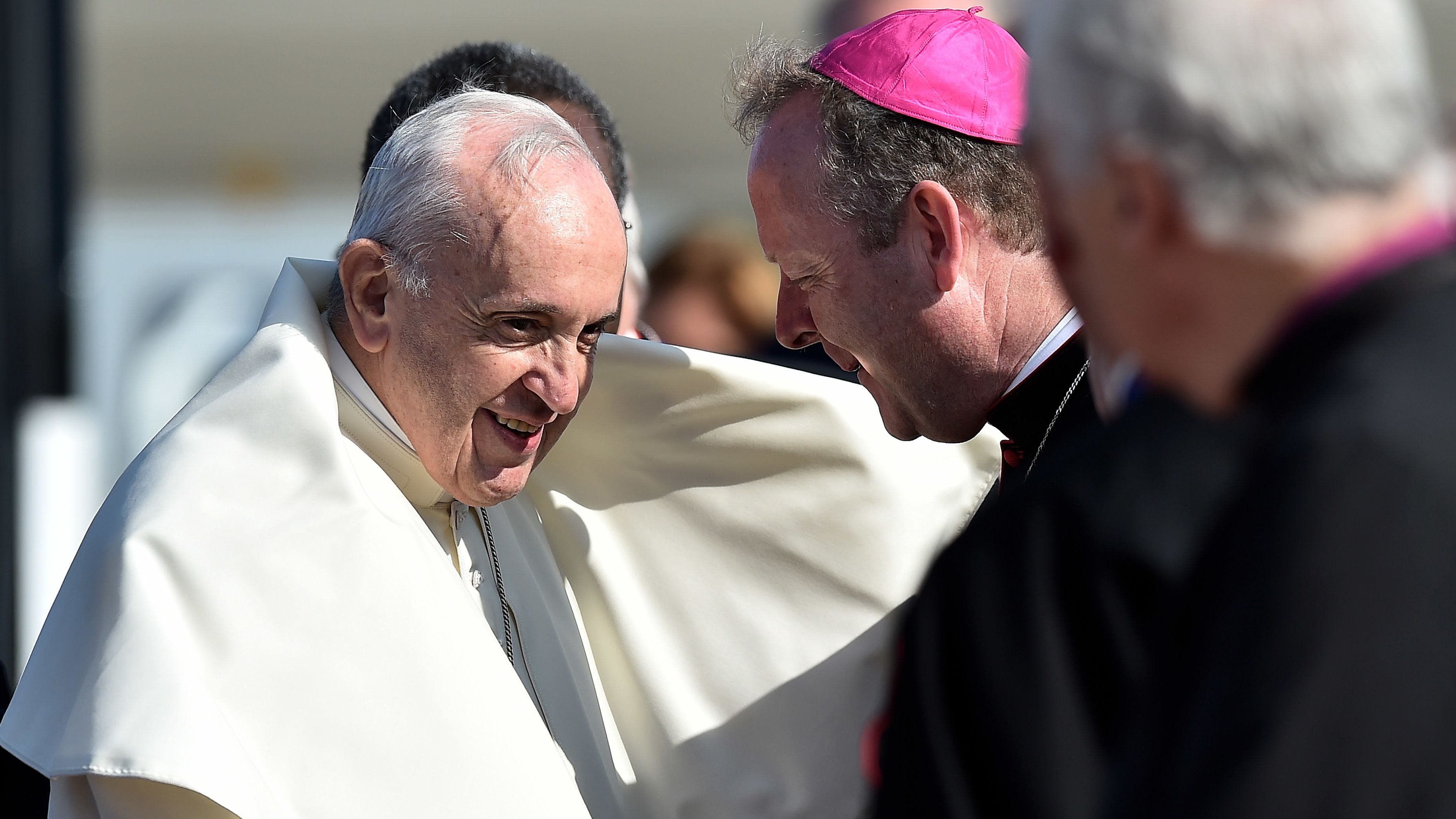 The Pope is greeted by Archbishop Eamon Martin as he arrives at Dublin Airport on Saturday.