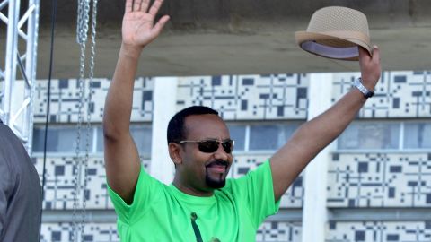 Ethiopia Prime Minister Abiy Ahmed waves to the crowd at Meskel Square in Addis Ababa on June 23, 2018. 