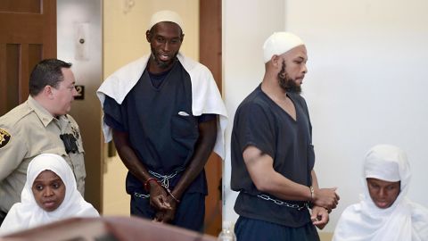 From left, suspects Jany Leveille, Lucas Morton, Siraj Wahhaj and Subbannah Wahhaj at a hearing in Taos, New Mexico, on August 13.