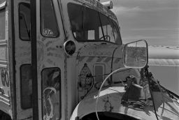 A broken bus on the property of the Hog Farm Collective commune in Llano, New Mexico, in 1969.