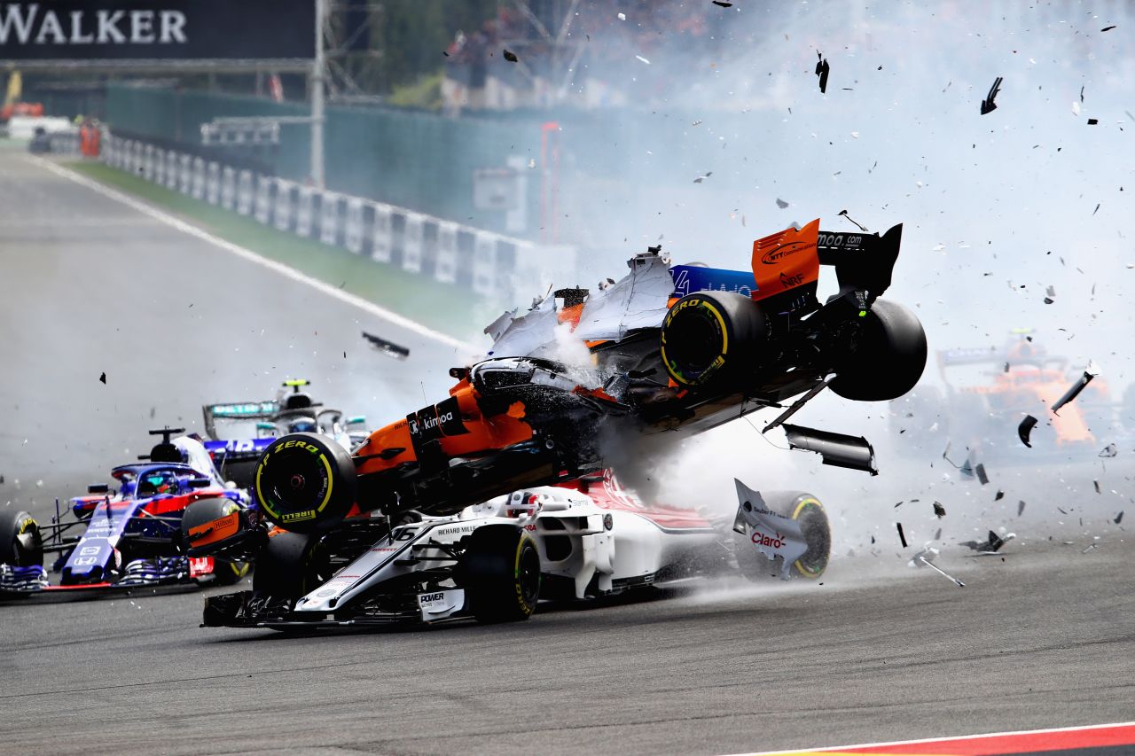 Fernando Alonso's car was launched over the top of Charles Leclerc on the opening corner of the Belgian Grand Prix. Sebastian Vettel went on to win at Spa to cut Lewis Hamilton's lead at the top of the Driver Standings to 17 points.